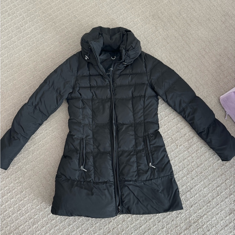 Zara Basic Black Puffer Coat Small - image 1